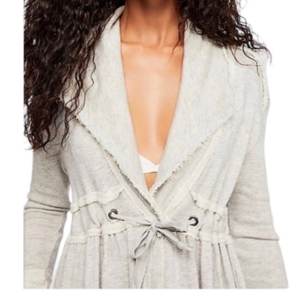 Free People Aphrodite Light Grey Long Sweater Duster Jacket with Waist Tie